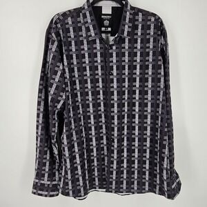 BENZINY COLLECTION Mens XXL Black Silver Greek Key Pattern LS Button Up Shirt